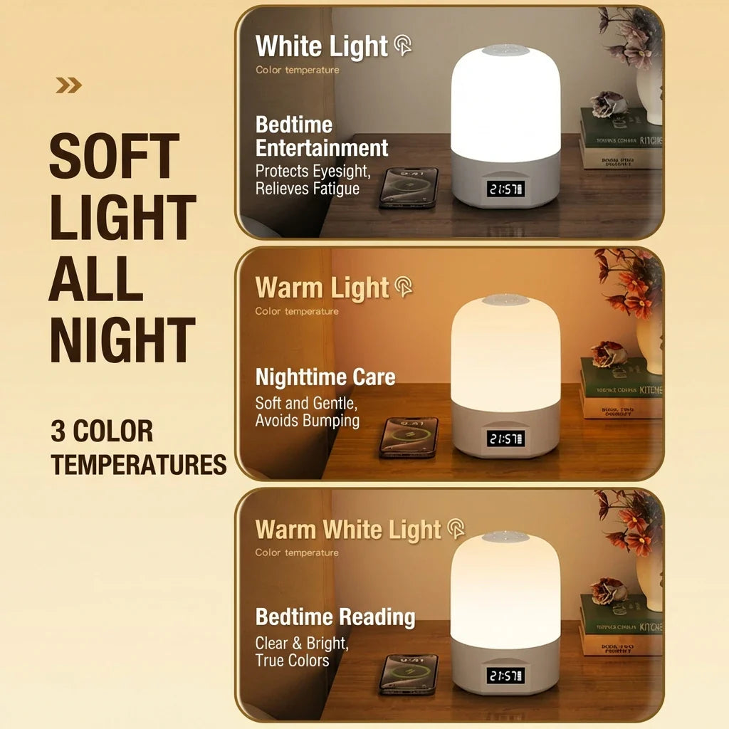 LED Bedside Lamp with Clock Display Touch Control Dimmable Night Light USB Rechargeable for Bedroom Baby Feeding